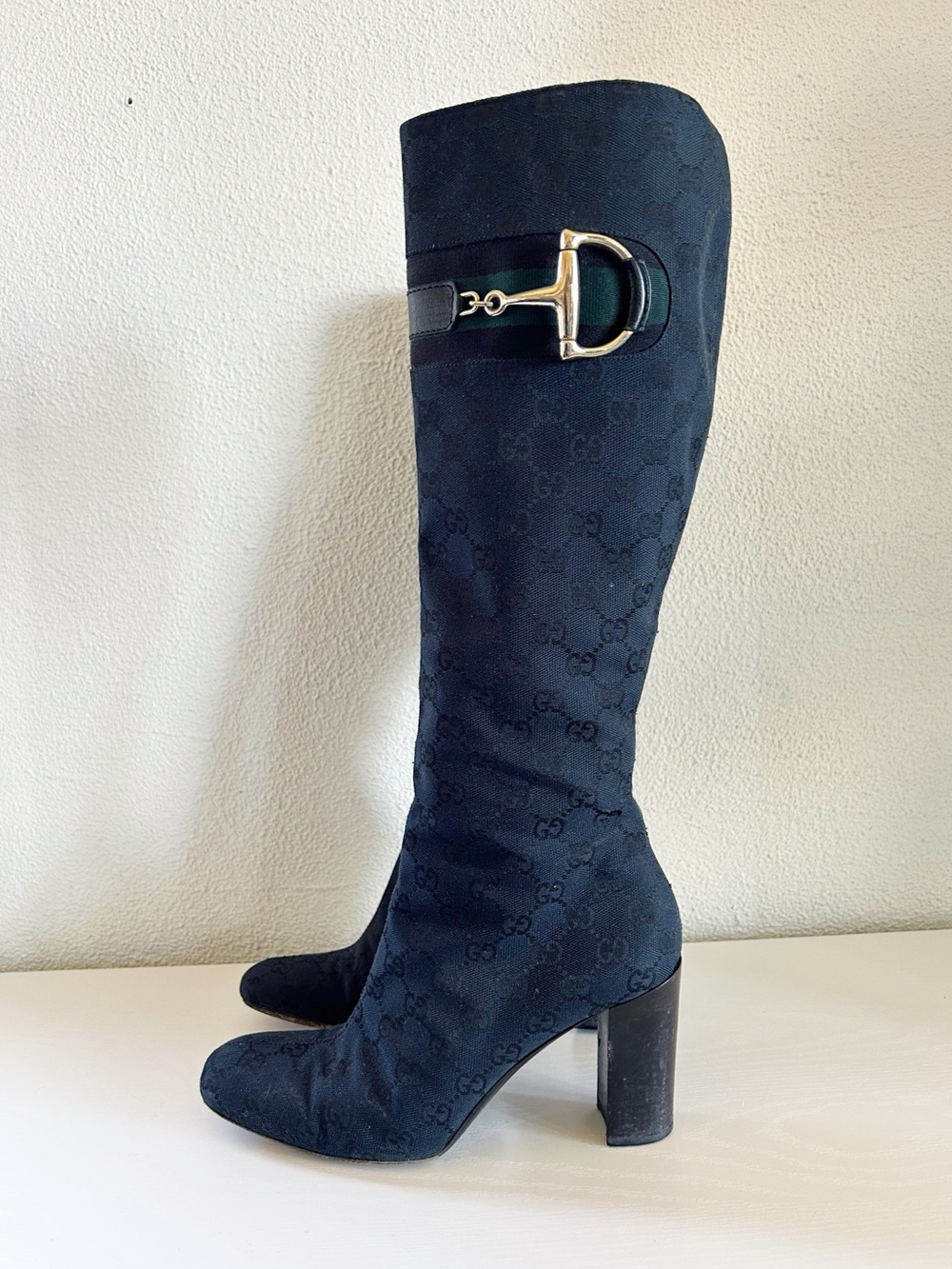 Gucci Horsebit GG Monogram Canvas Knee High Boots Black Size 8.5